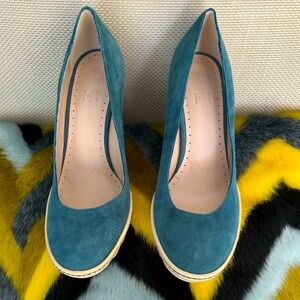 Paul Costelloe Teal Suede Shoes with cream platform sole. Made in Italy. 39